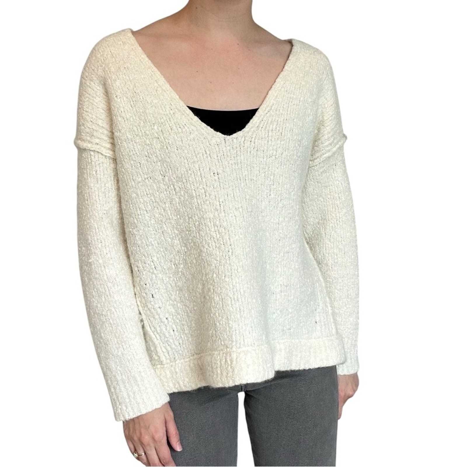 Free People Sweater V-Neck White Knit Alpaca Boho Oversized Fall Size Small