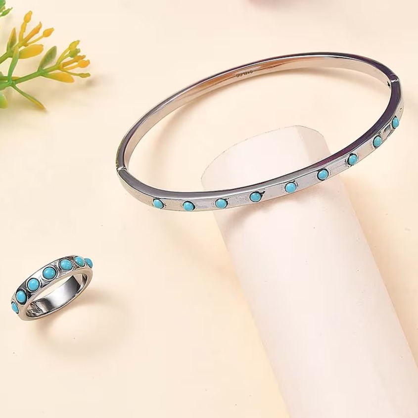 Arizona Natural Turquoise Band Ring (Sz7) and matching Bangle Stainless Steel