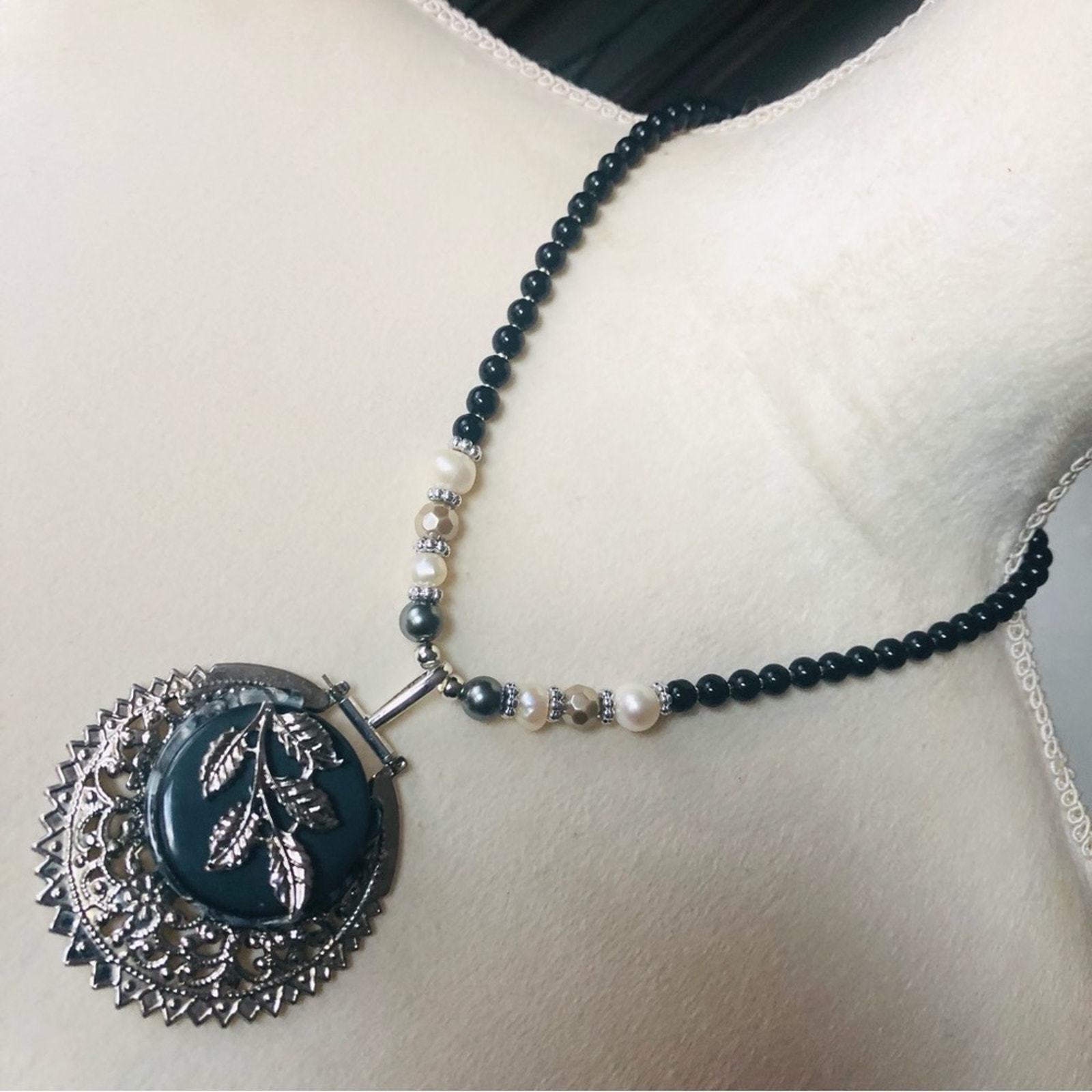Handcrafted repurpose filigree leaf pendant Czech glass Pearl necklace