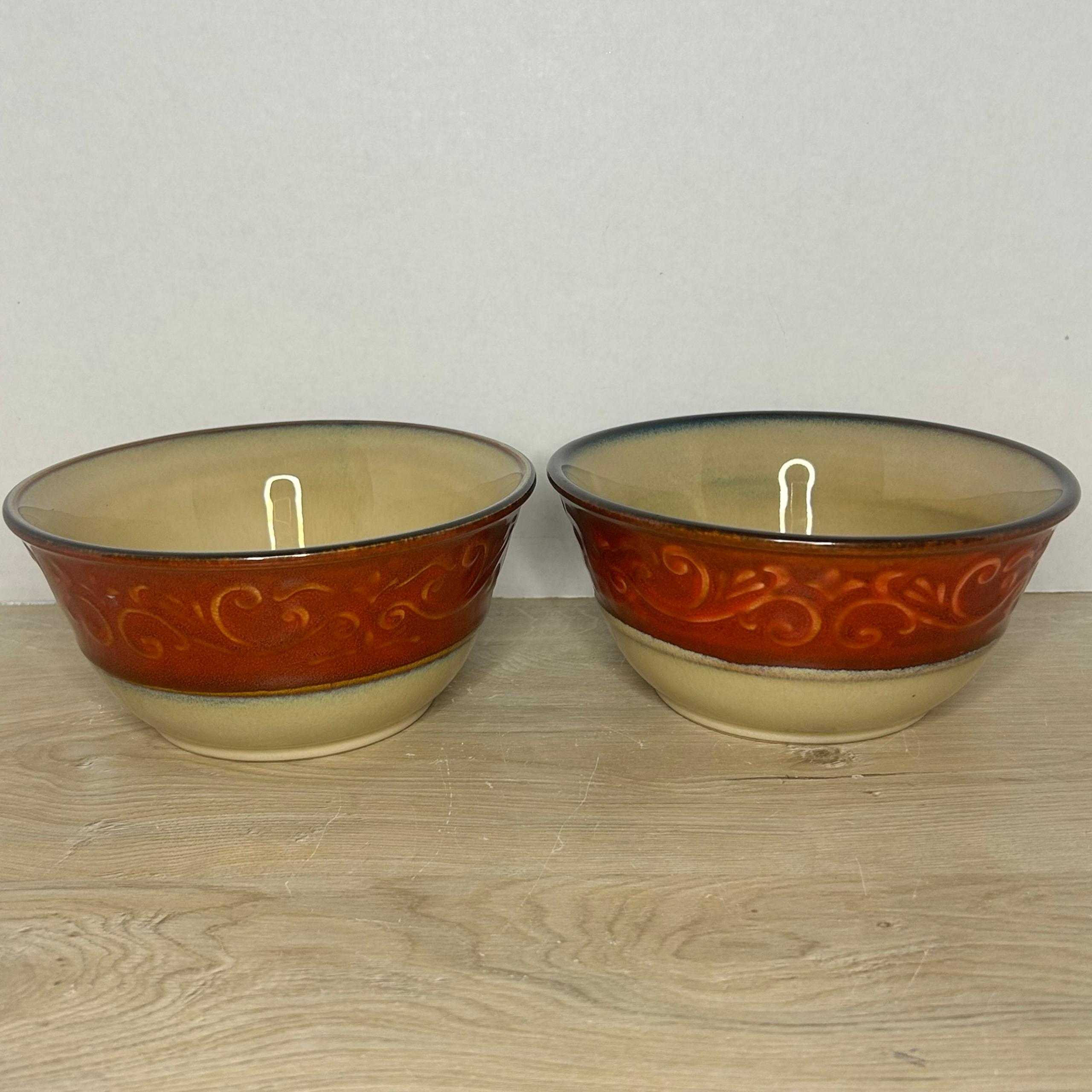 Pier 1 Imports Stoneware Bowls Red Scroll Pattern Set Of 2 Soup Cereal