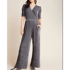 ANTHROPOLOGIE GREYLIN Silver Metallic Crinkle Wide Leg Jumpsuit large