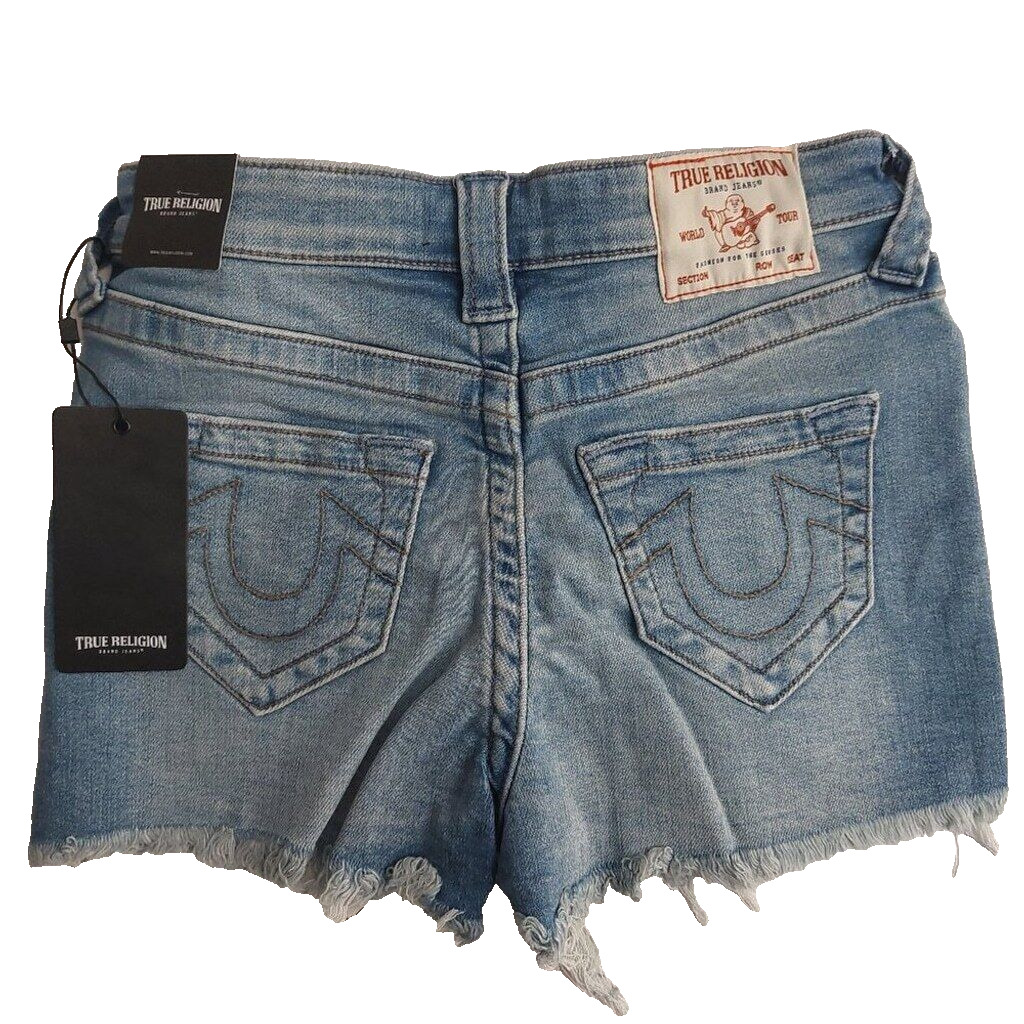 True Religion Brand Jeans Blue Denim Button Fly Maisie High Rise Shorts NWT 129