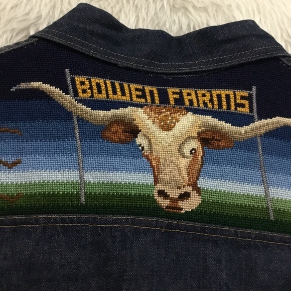Vintage screen door threads men’s blue embroidered cross stitch denim jacket