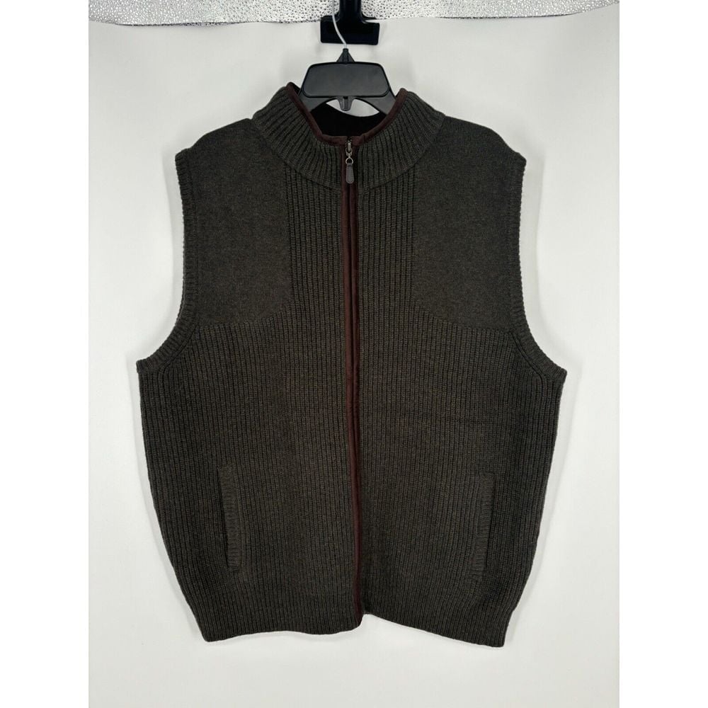 LL Bean 100% Merino Lambs Wool Full Zip Up Sweater Vest Jacket Olive Mens XL