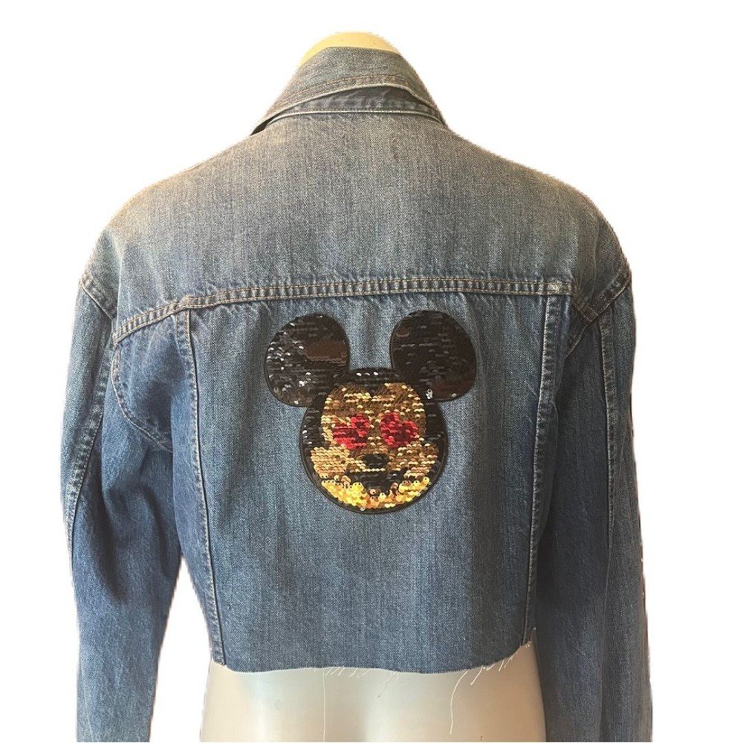 Alice + Olivia cropped jean jacket with reversible sequins mouse patch