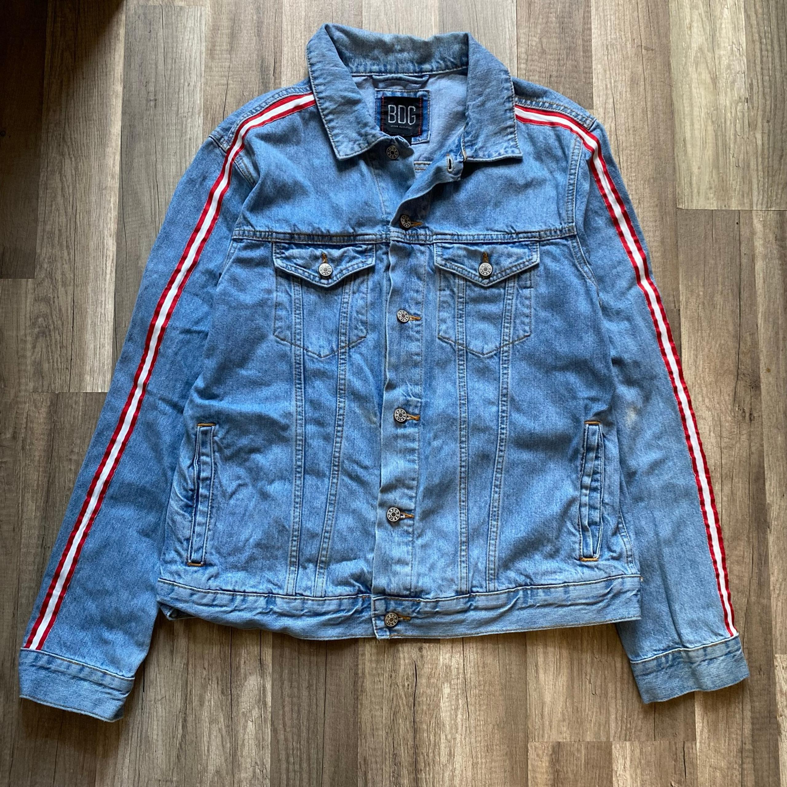 Urban Outfitters Large Denim Jacket Light Blue Vintage 90s Style Red Striped - BDG
