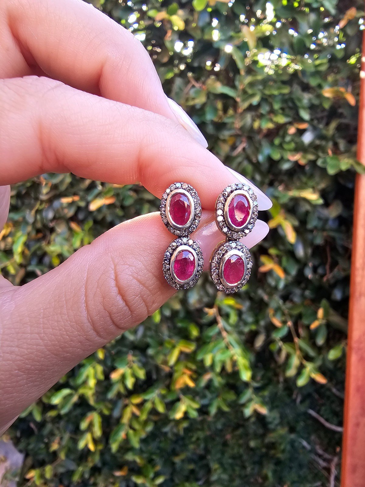 Natural Ruby with Diamond Halo Drop Earrings Unique