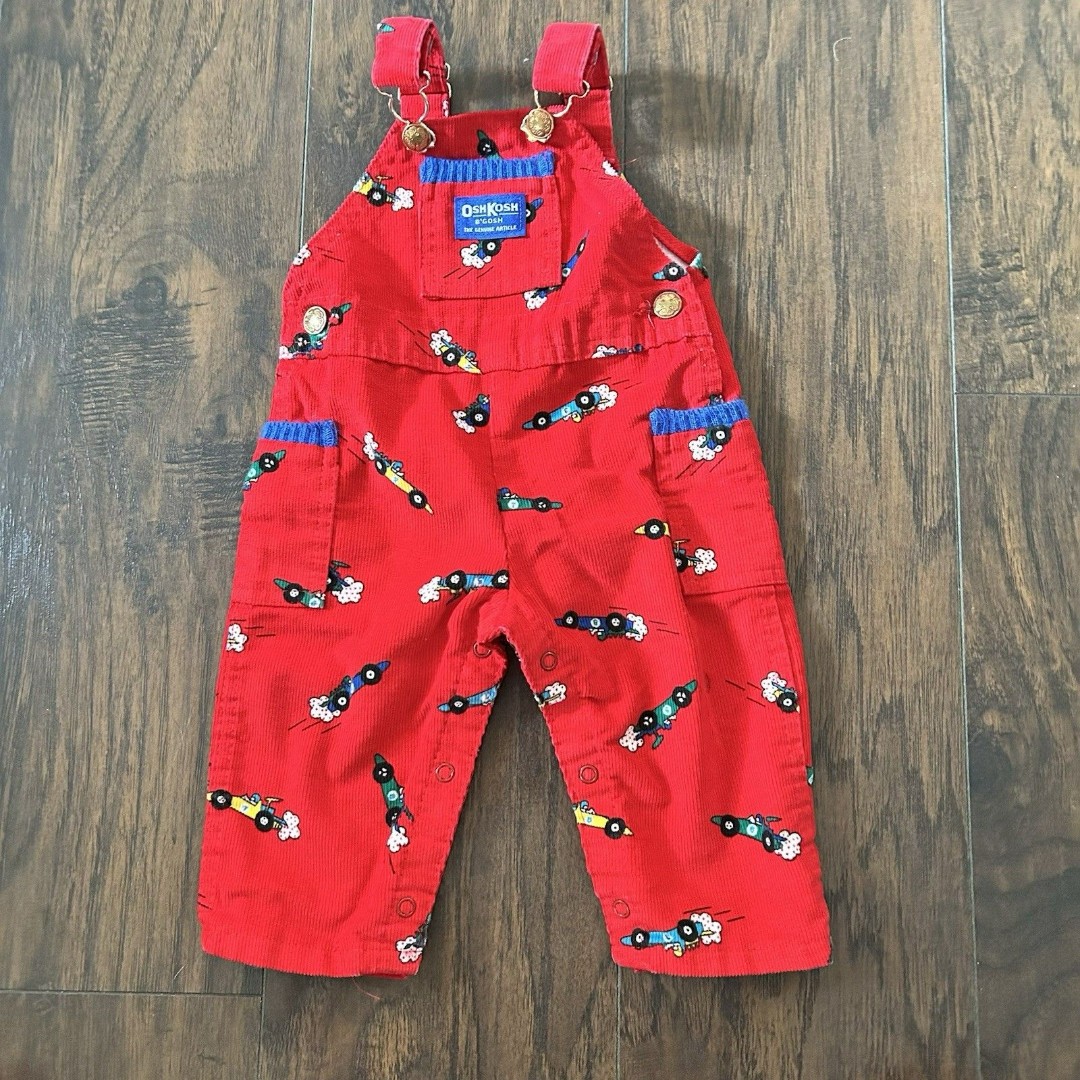 Vintage OshKosh B'Gosh Vestbak Red Corduroy Racecar Overalls USA Made 12 Months