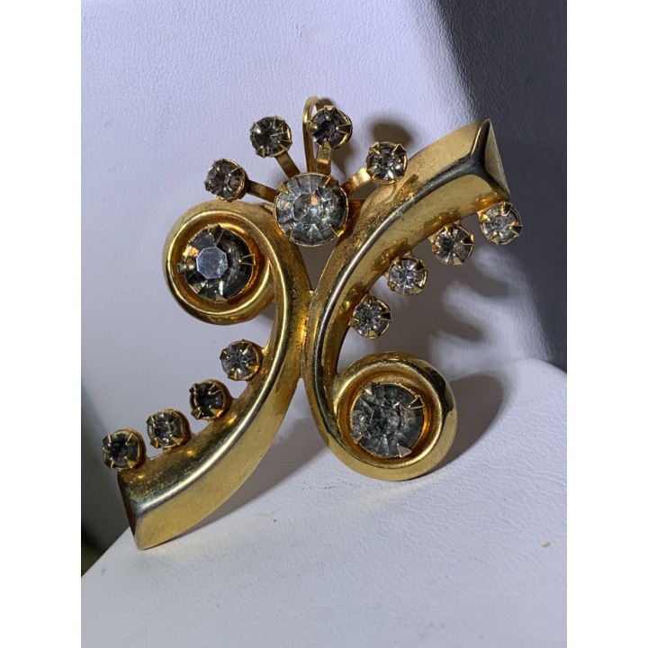 Gold Tone Brooch/Pendant Clear and Gray Rhinestones Vintage