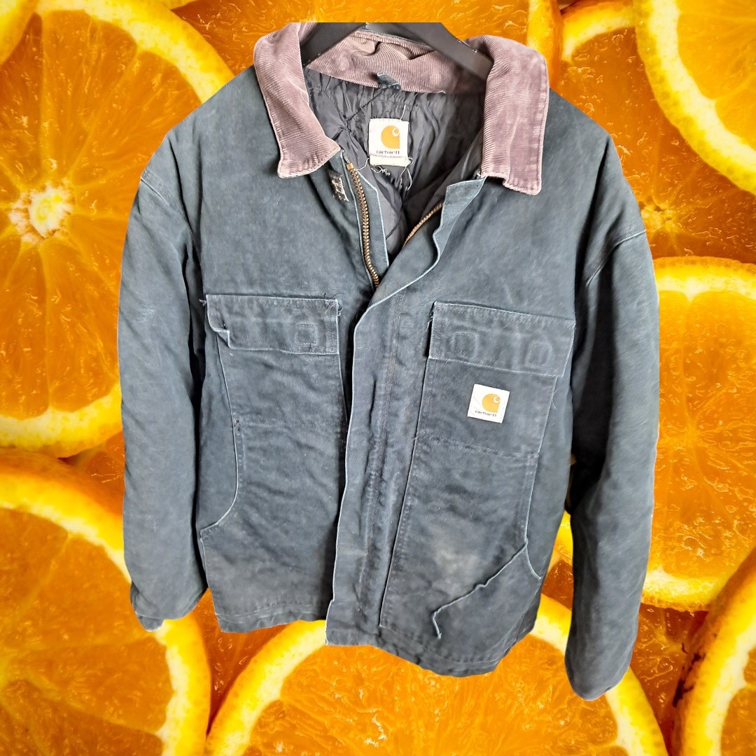 Vintage Carhartt Work Jacket Chore Coat Corduroy Collar Heavy Duty Navy Size 46