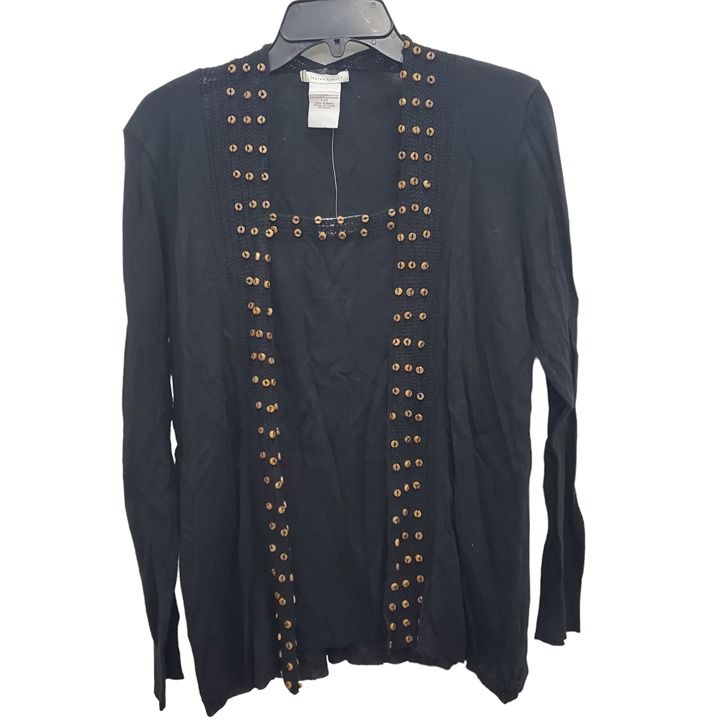 Lauren Hansen Women's Black Linen Wood Bead Faux Layer Pullover Knit Top NWT L