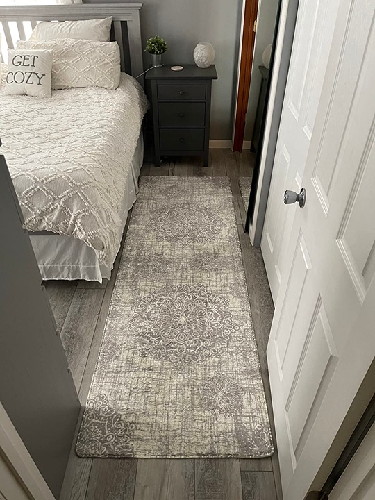 Vintage Medallion Rug, 2'x6' Non Slip Grey Hallway , Laundry Throw Rugs