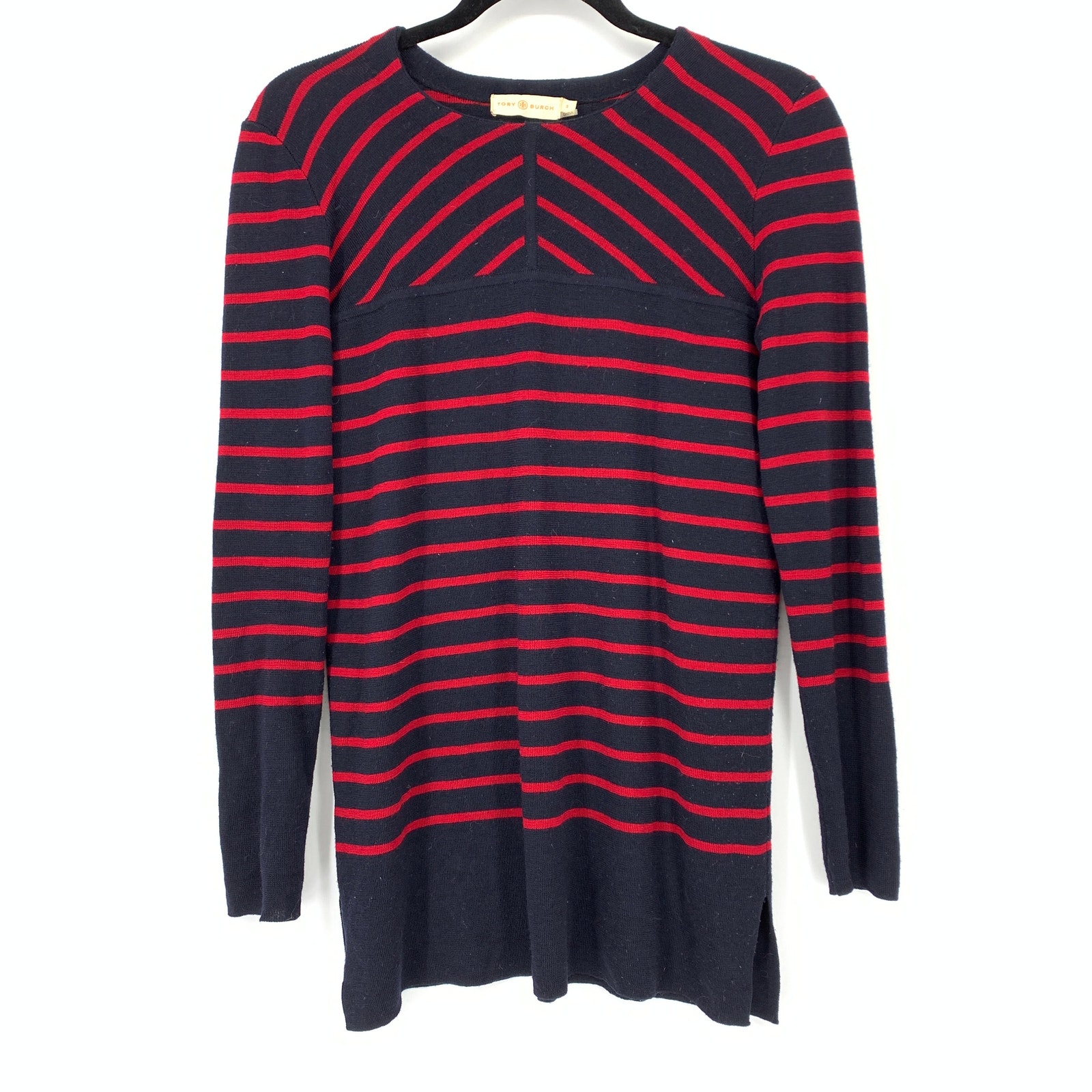 Tory Burch Sweater Women's Size Small Blue Red Wool Tunic Scoop Neck Pullover