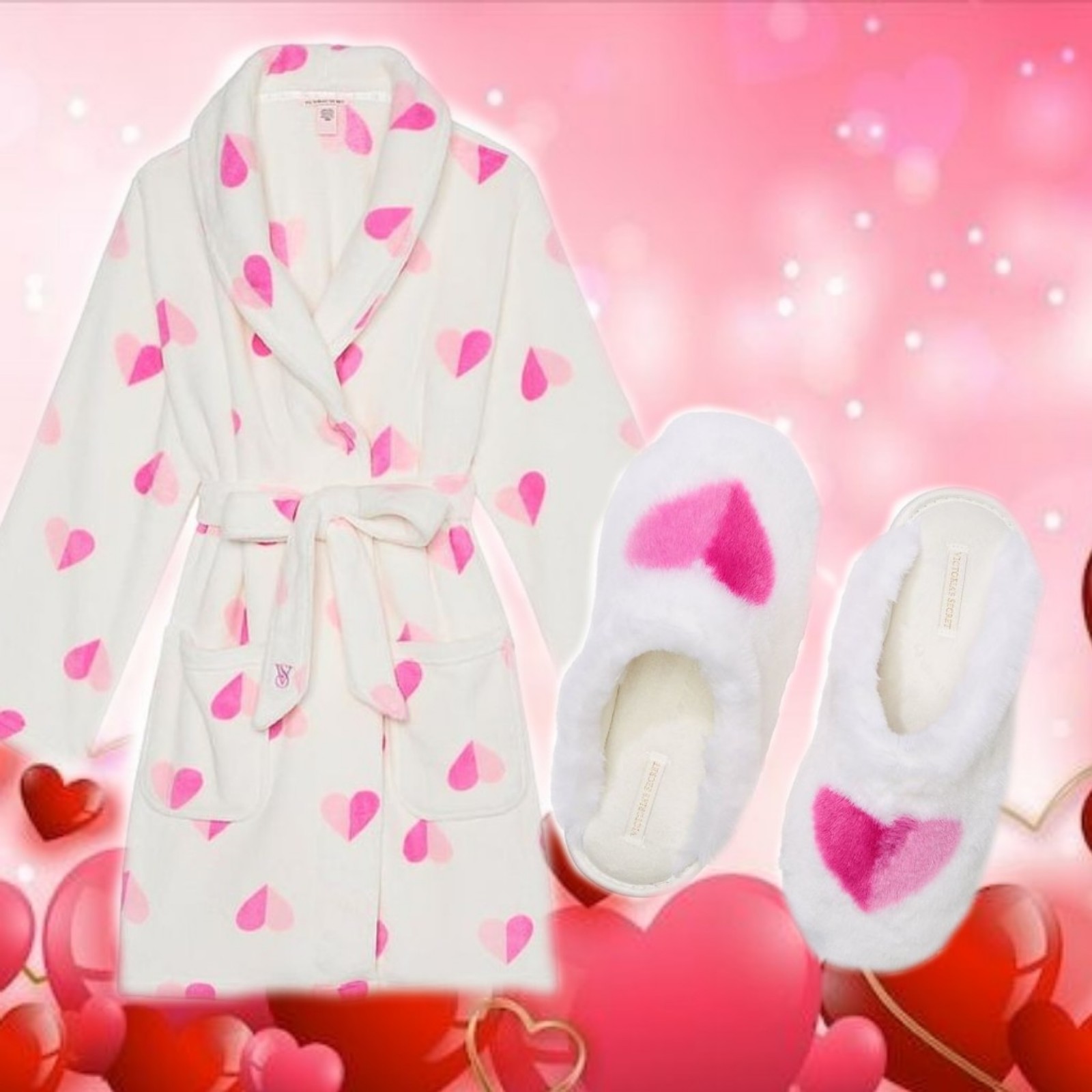 NEW M/L VS Short Cozy Robe & Slippers in Coconut White Pink Hearts