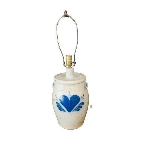 Vintage Rowe Pottery Works Stamped Blue Heart Crock Hand Thrown Salt Glaze Lamp