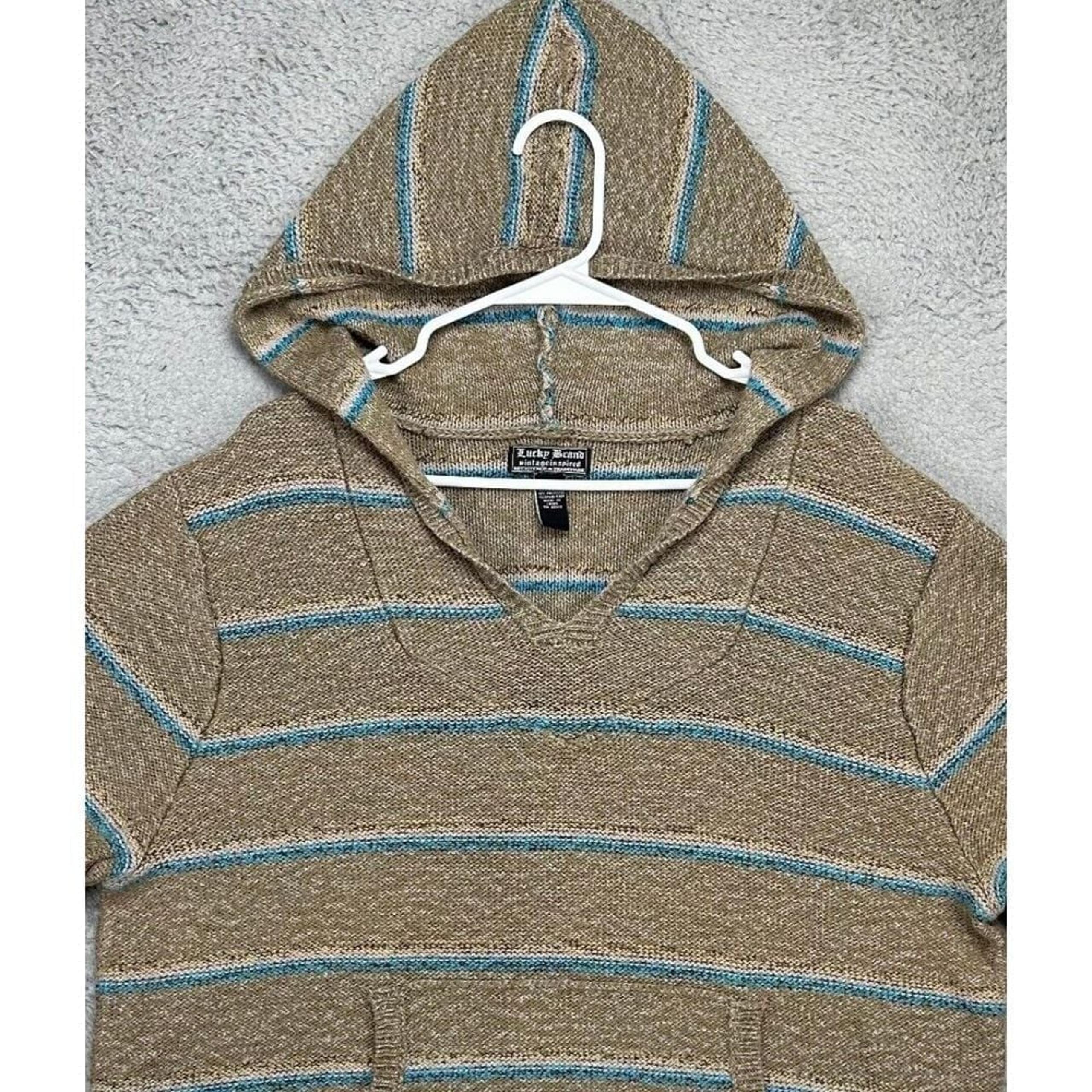 Lucky Brand Sweater Womens XL Brown Teal Stripes Knit Hooded Vintage Inspired