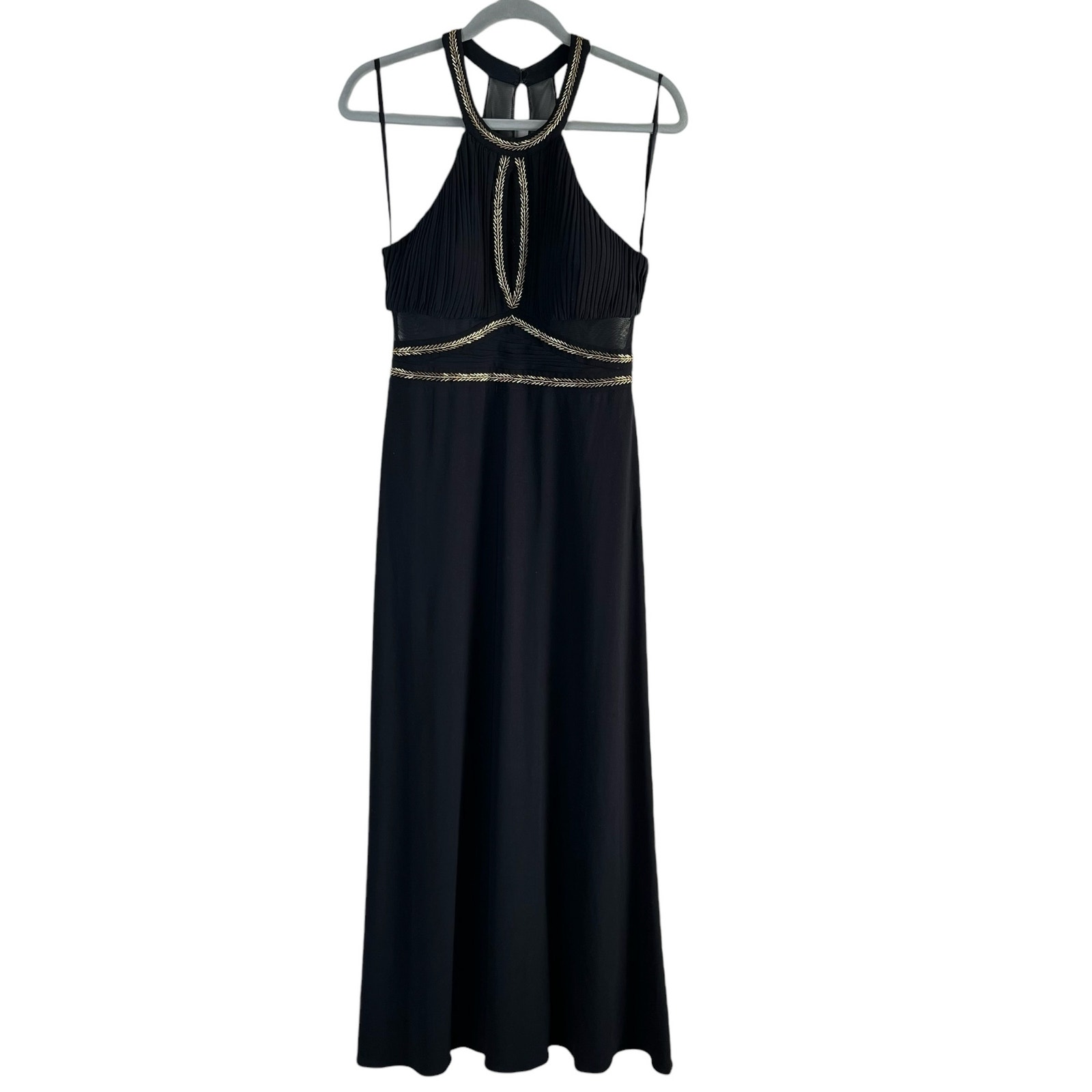 Betsy & Adam Halter Neck Beaded Black Formal Gown Maxi Dress Mesh Panels, Sz 8
