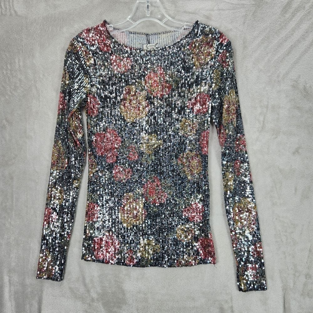 Free People Top Womens XS Sequin Floral Long Sleeve Midnight Combo Party Sparkle