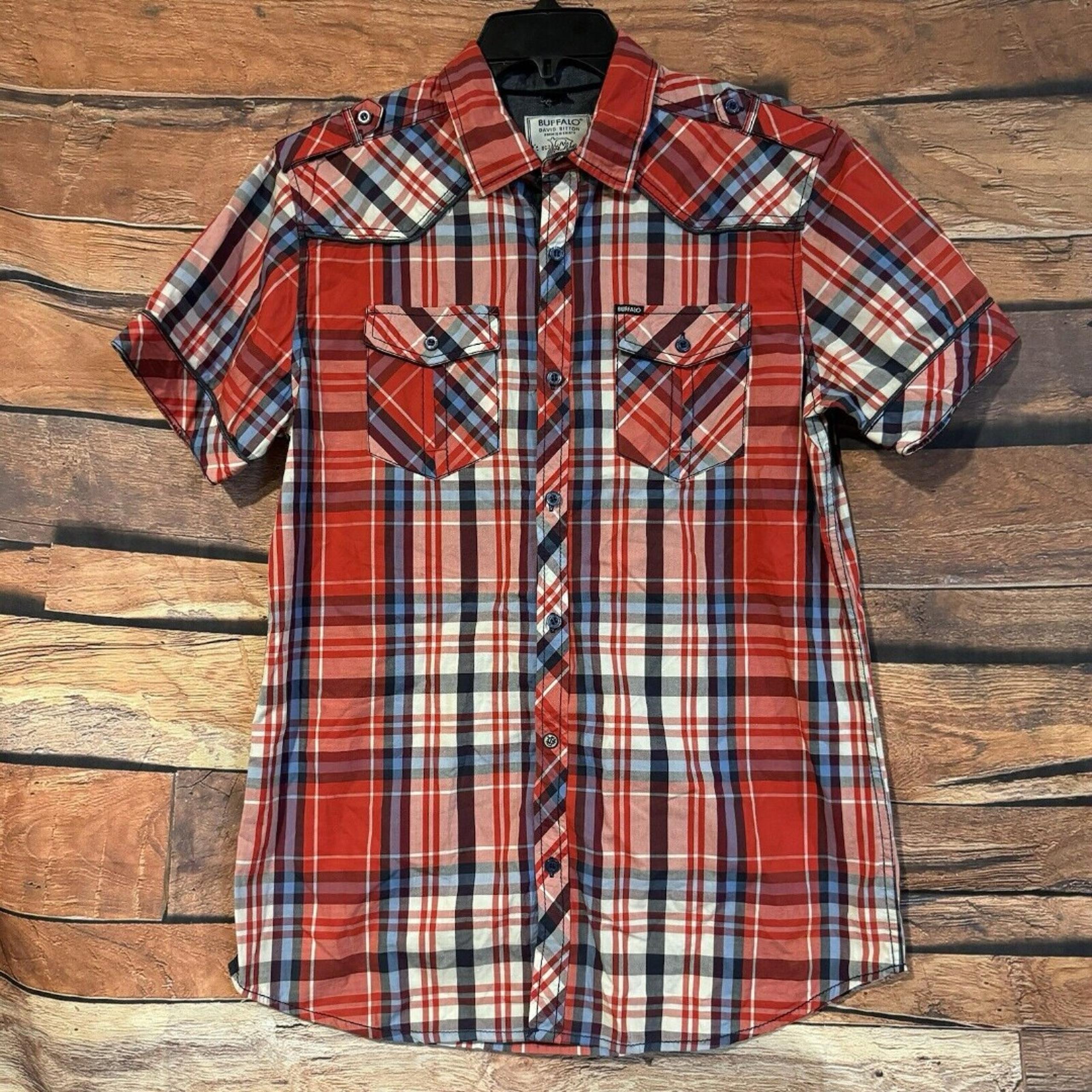 Buffalo Premium Western Shirt Small Red Plaid David Bitton SS Button Down Cowboy