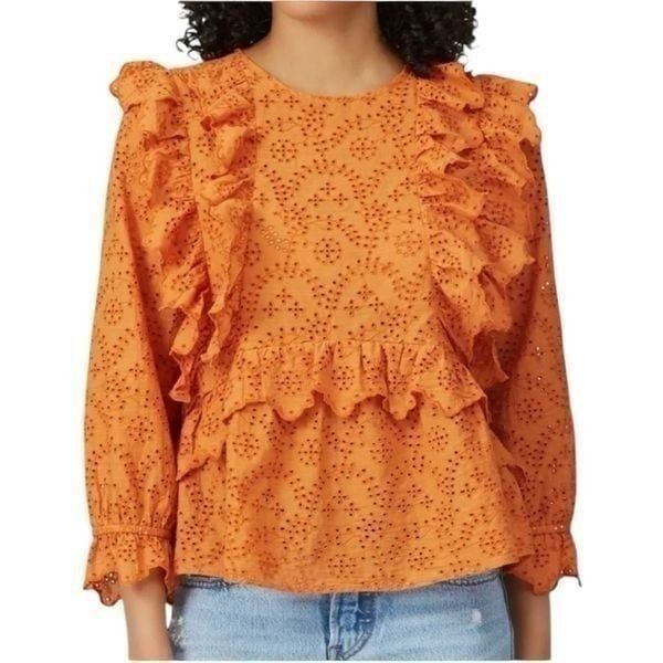 The GREAT. Eyelet Ruffle Flutter 3/4 Sleeve Top Spice Orange Size 2 M Peasant