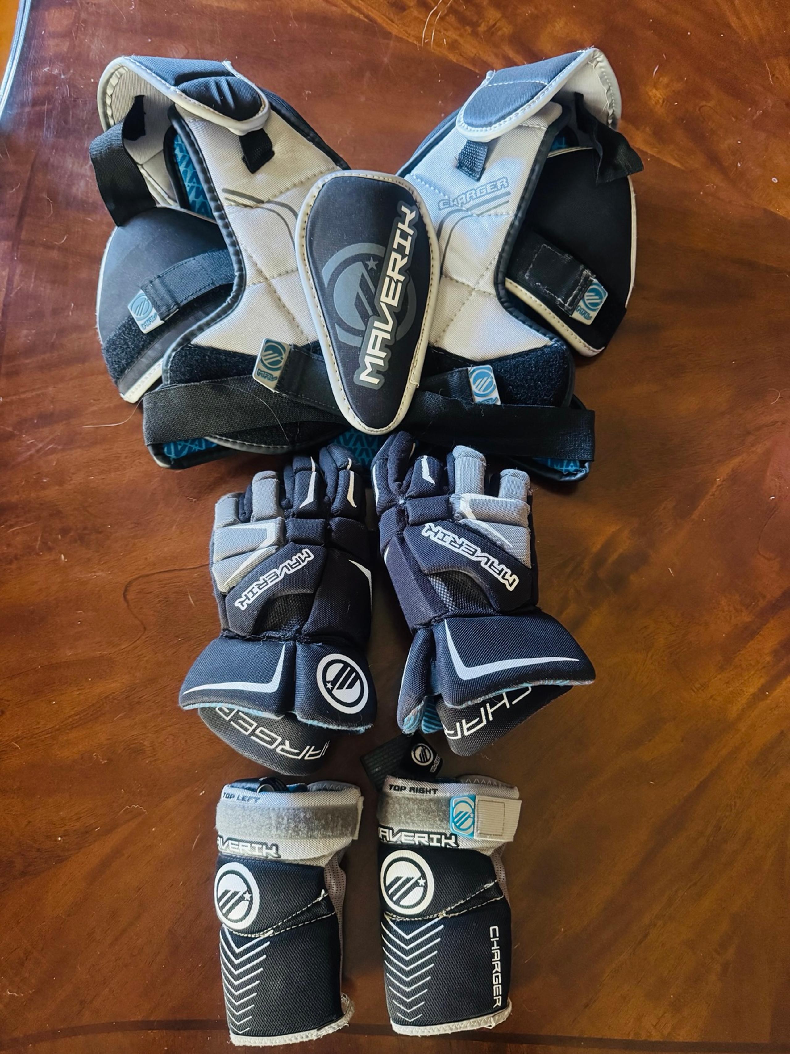 Boys Lacrosse Gear- Maverik Shoulder Chest Pad, Arm Pads, and Gloves LAX