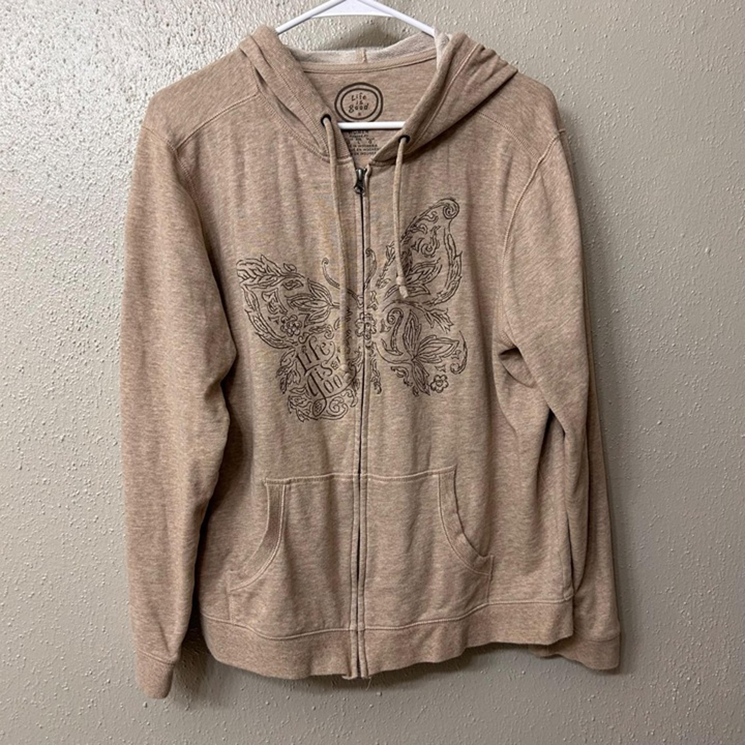 Life Is Good Women's Hooded Jacket w Butterfly Embroidery Graphic Sz Large