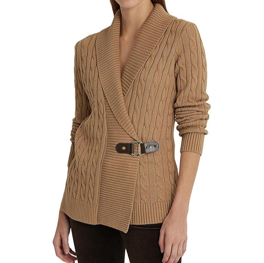 Lauren Ralph Lauren Cable-Ribbed Knit Shawl Collar Side Buckle Sweater Brown XL