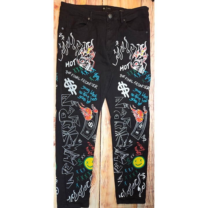 Waimea Mens Skinny Fit Jeans Black Graffiti Art Y2k Streetwear 38 x 32