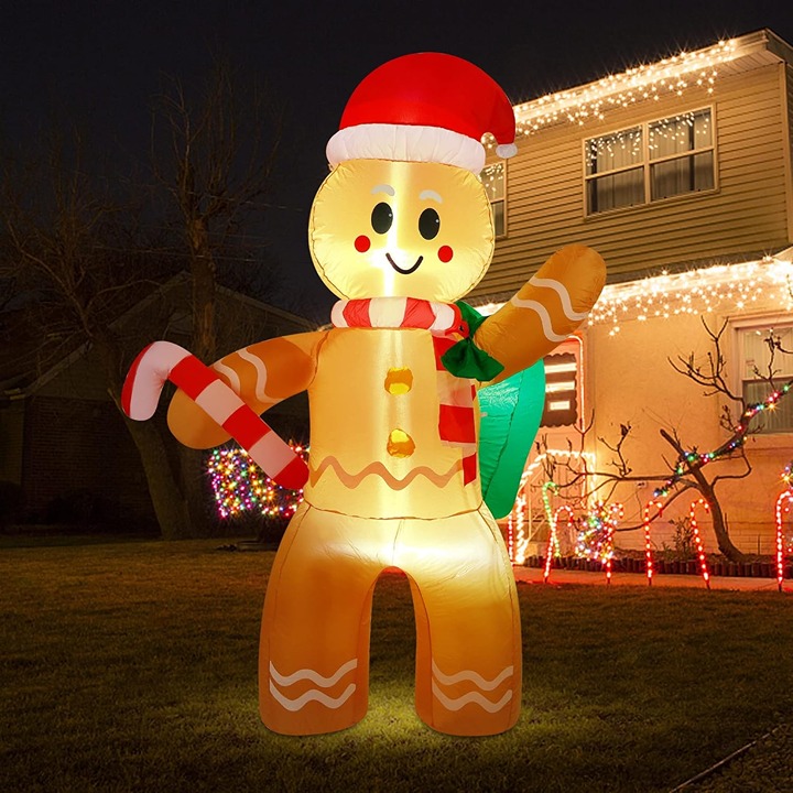 Christmas Inflatables 6 Ft Gingerbread Man with Gift Bag and Candy Cane