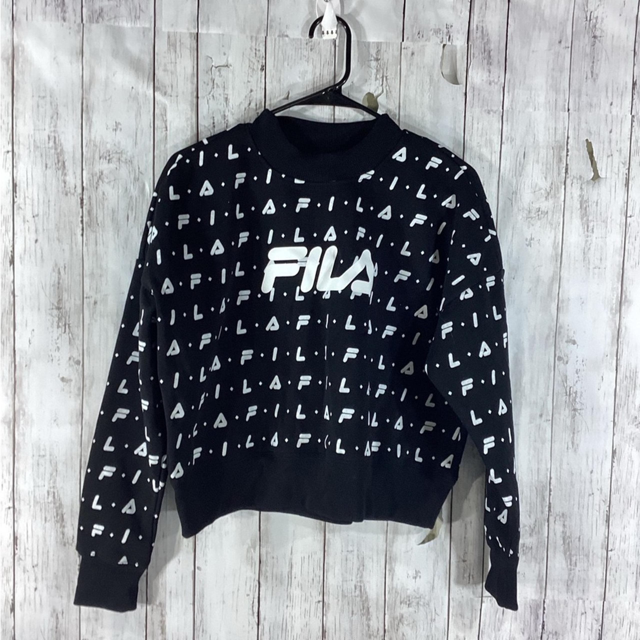 Fila Women’s All Over Logo Black Crew Long Sleeve Sweatshirt Size  M new