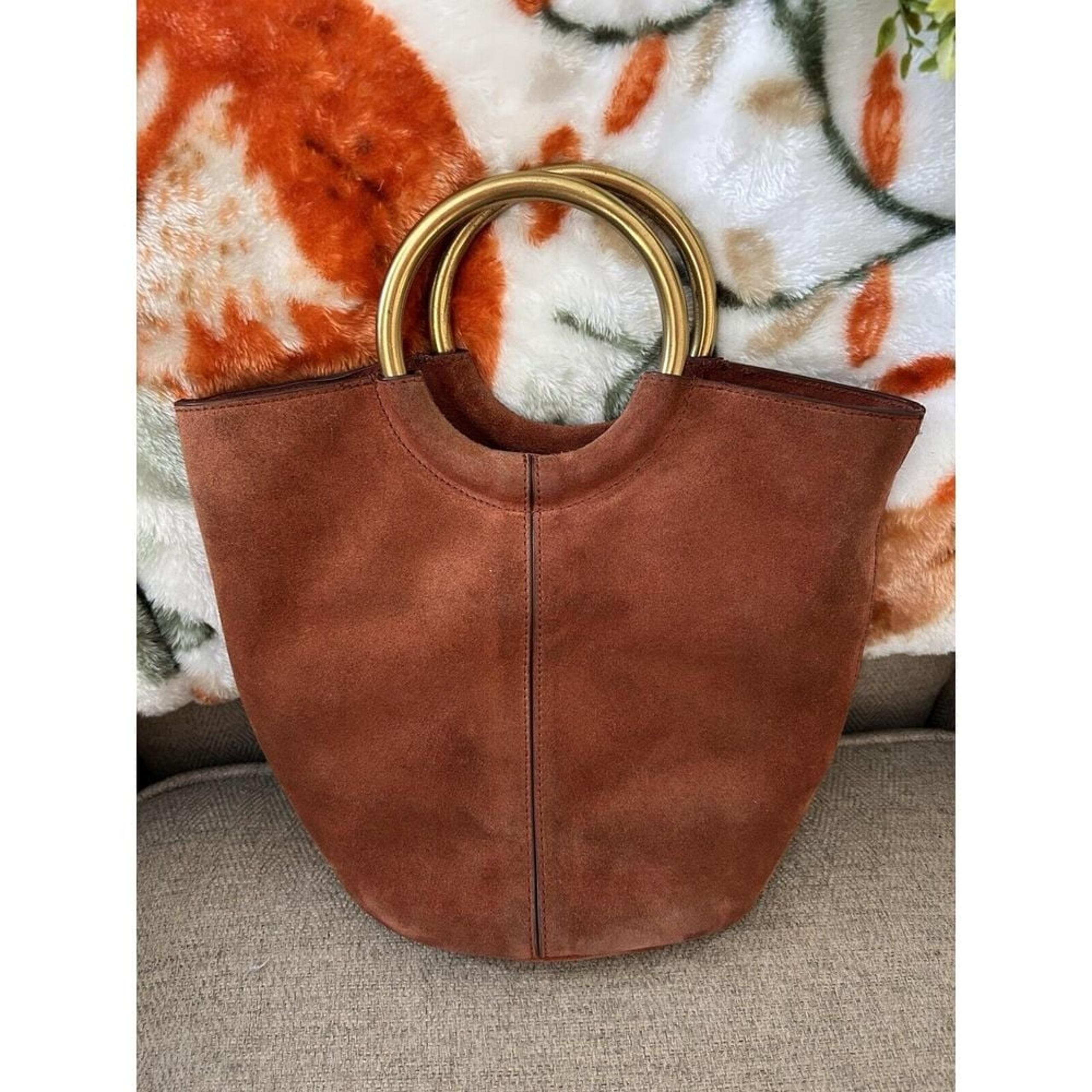 J. Crew Frankie Brown Suede Bucket Bag Purse Brass Bracelet Handles 10” x 9” x 5