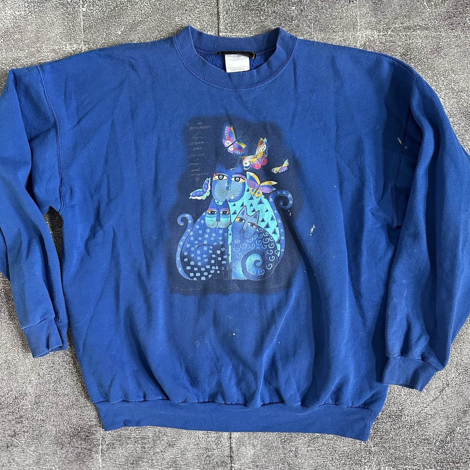 Men's Vintage 90s Celebrations Cats & Butterflies Blue Crewneck Sweatshirt Sz XL