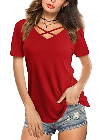 Amoretu Womens Casual V Neck Short/Long Sleeve Criss Cross T-Shirt Blouse Tops