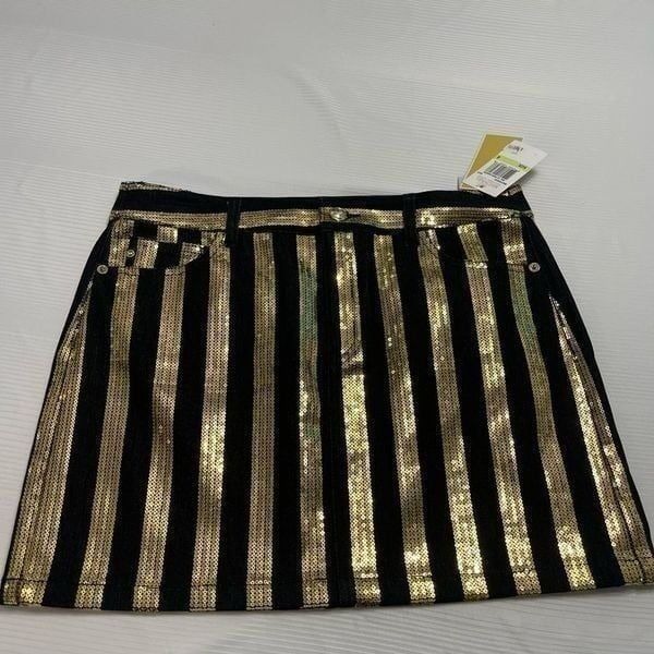 NWT Michael Kors Black Gold Sequin Stripe Denim Mini Skirt Size 4 New