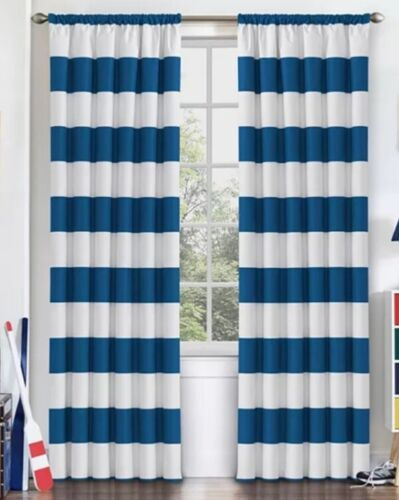 2 Eclipse Peabody Blue/White Stripe Blackout Panels Curtains 42in X 84in