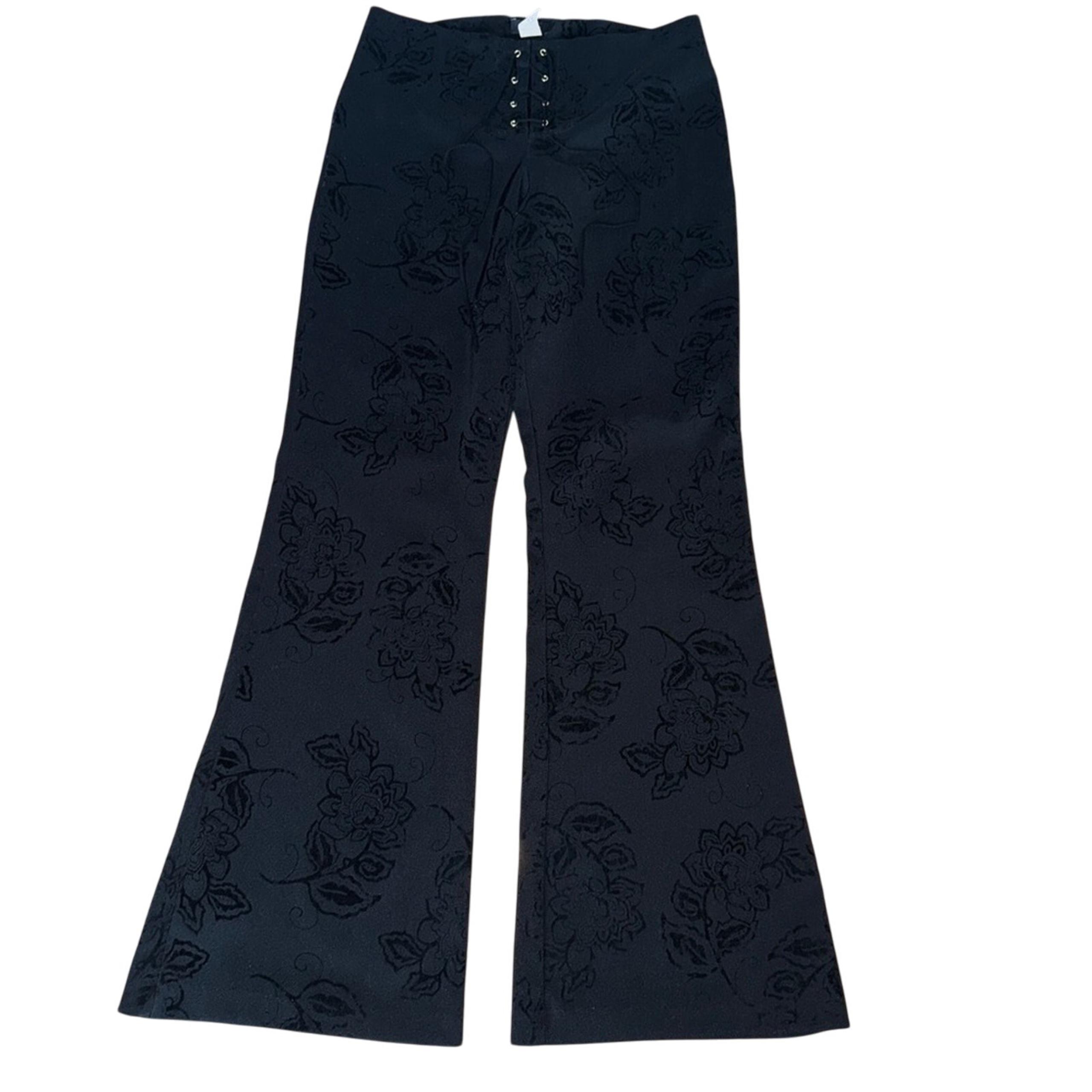Vintage90s Black Floral Embossed Lace Up Flare Pants Size L