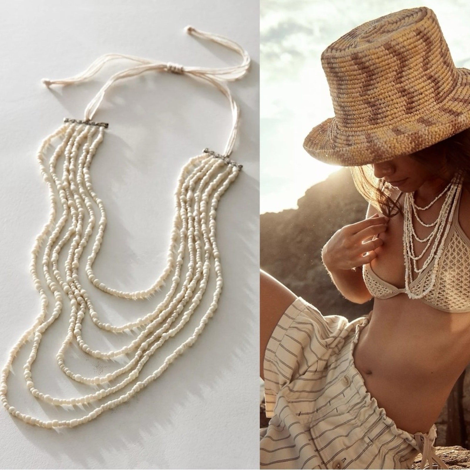 Free People Milos Layered Necklace in Ivory NWT Beads Bohemian Neutral Beach