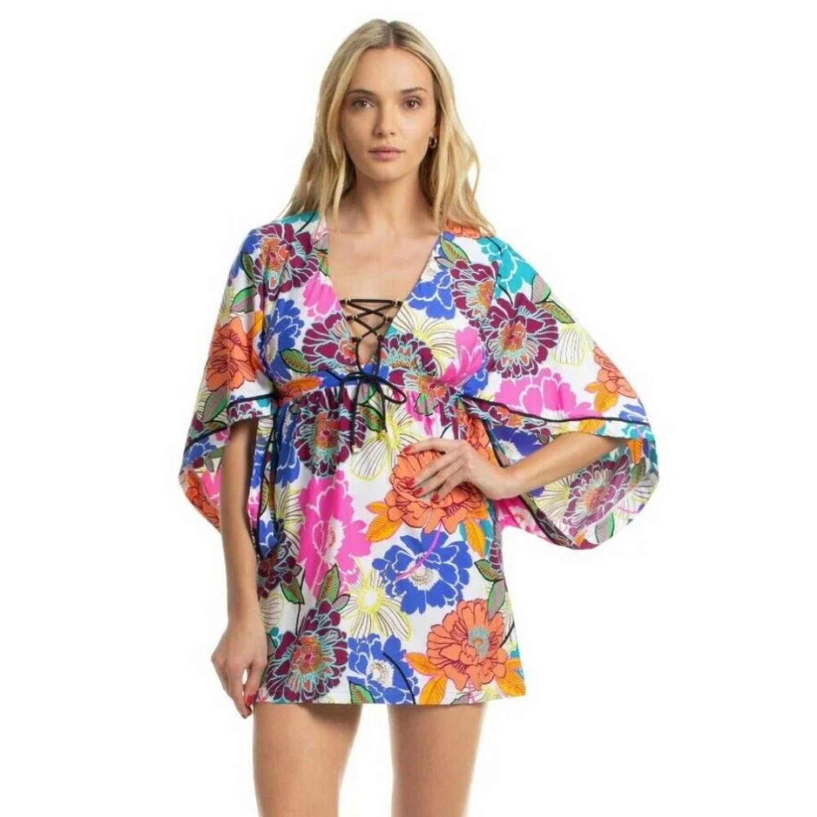 Trina Turk Radiant Blooms Floral Stretch Jersey Cover Up Tunic Dress Size Large