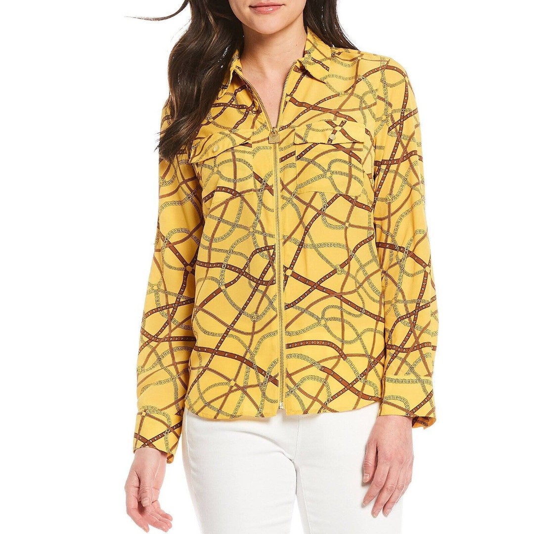 Michael Kors Equestrian Chain Print Shirt Lock Zip Up Blouse Top Womens Size L