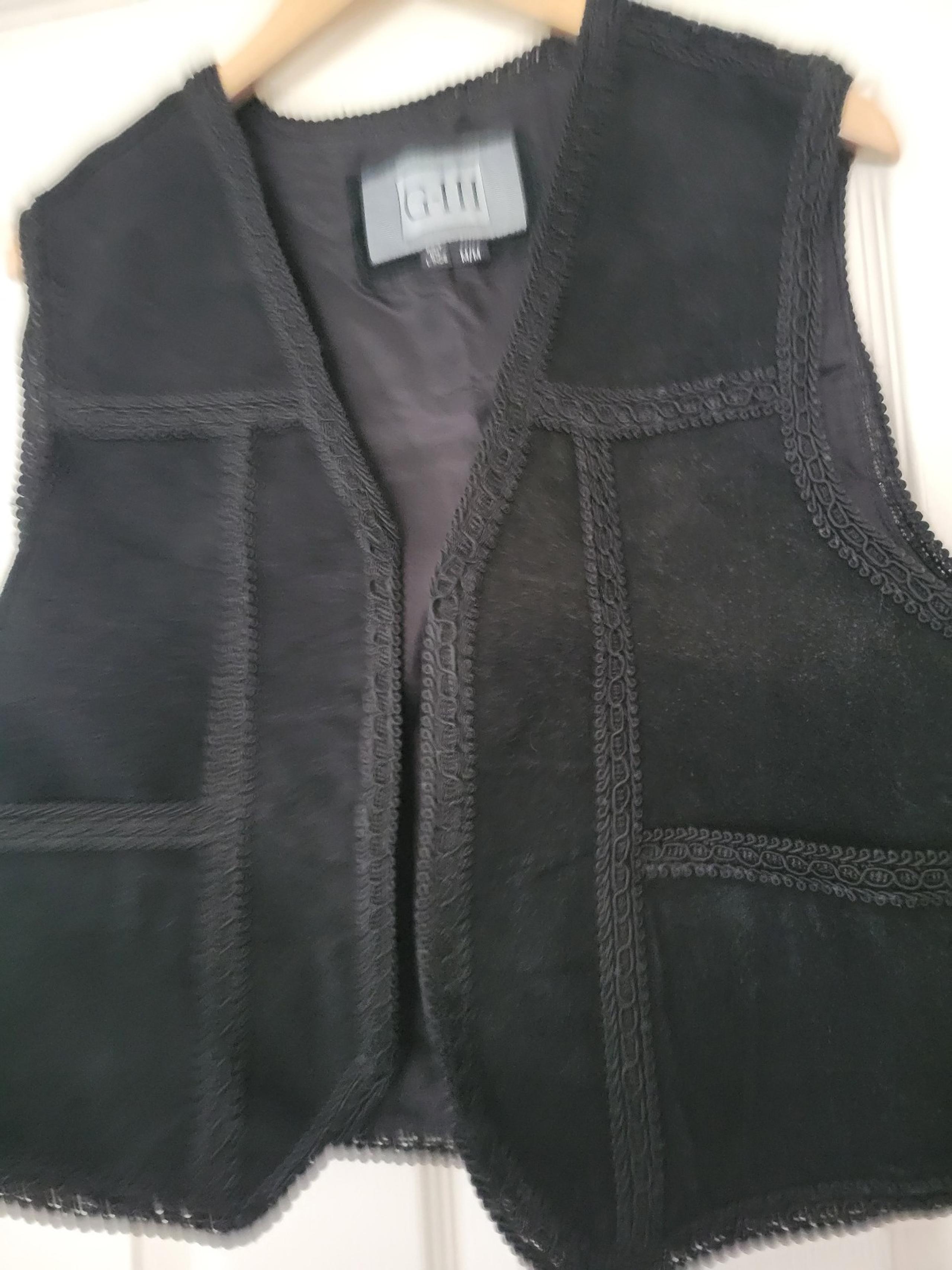 Vintage G-III Womens Black 100% Leather Suede Crochet Trim Vest Sz Medium M