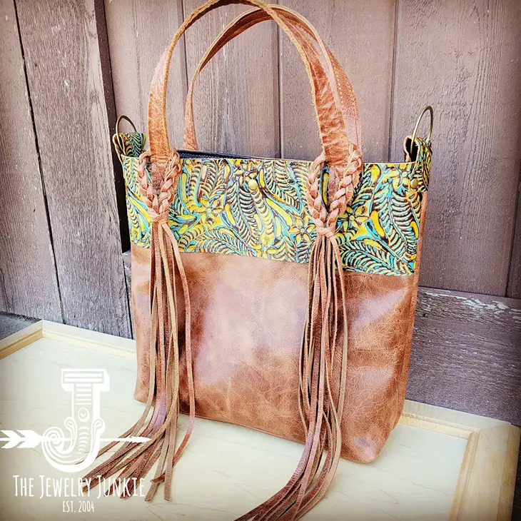 Tejas Leather Bucket Hide Handbag with Dallas Turquoise Accent