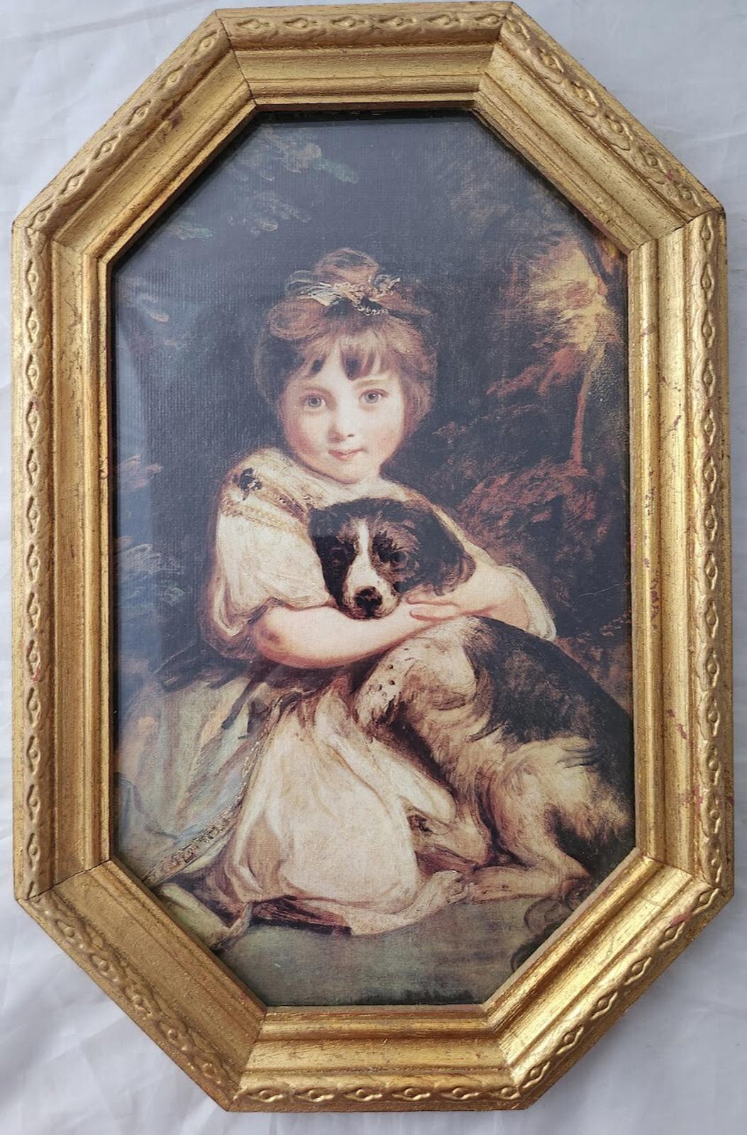 Vintage Miss Jane Bowles and Her Dog by Sir Joshua Reynolds Gold Frame Artwork