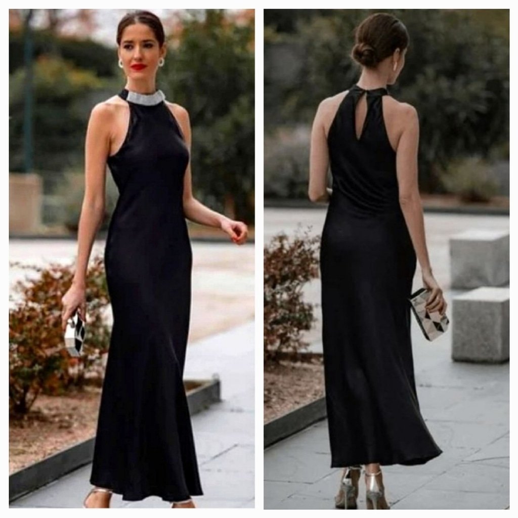 NWT Zara Satin Effect Slip Midi Dress with Crystal Collar Sz Medium