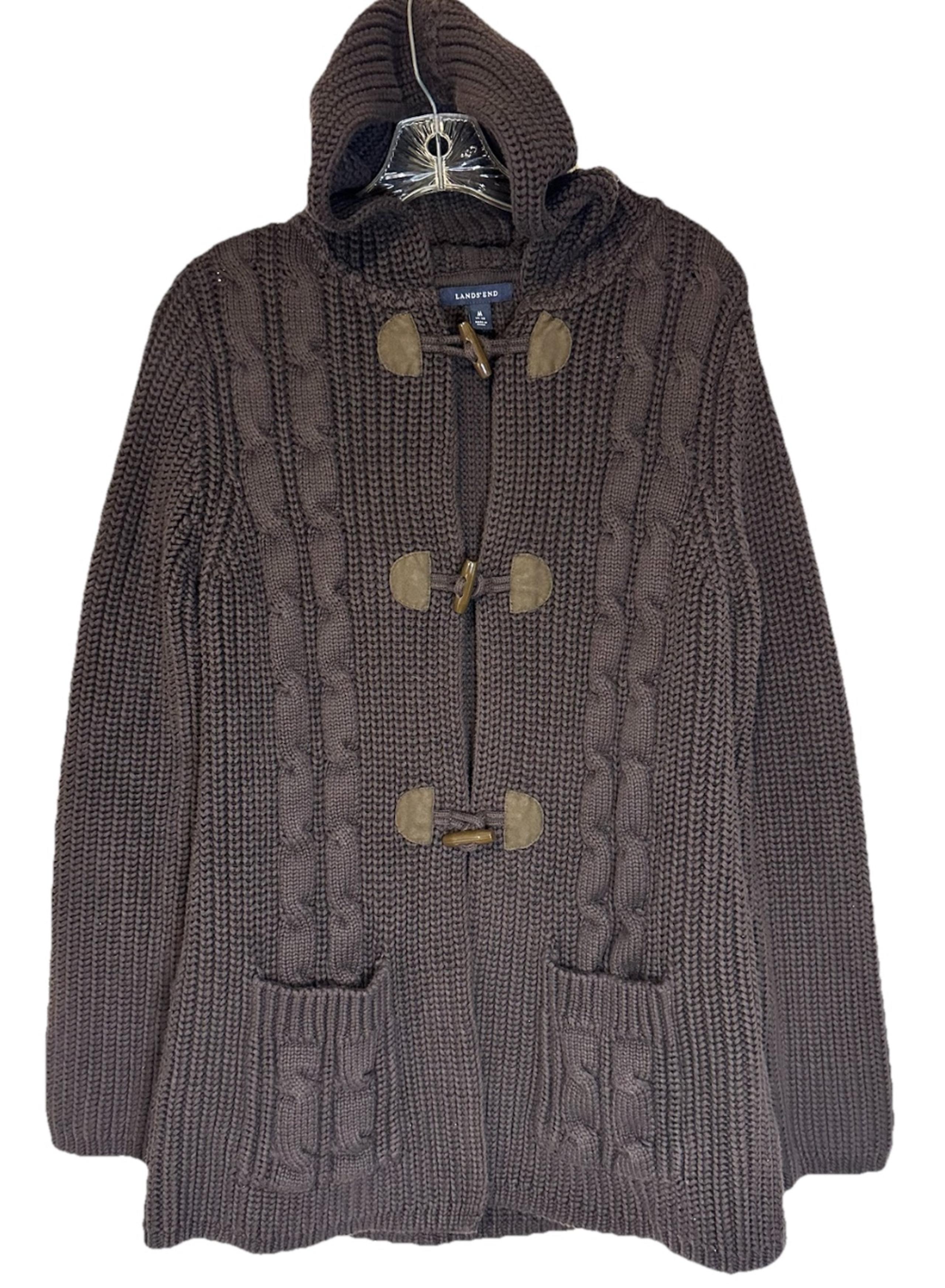 Lands End Women’s Brown Chunky Knit Toggle Closure Hooded Sweater 70’s Vibe Med