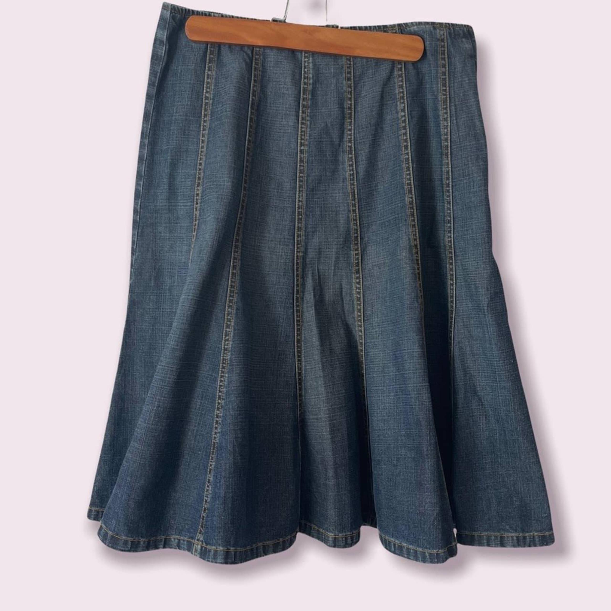 Michael Kors Skirt Denim Pleated Jean Cotton A Line Slimming Dark Med Wash EUC 4