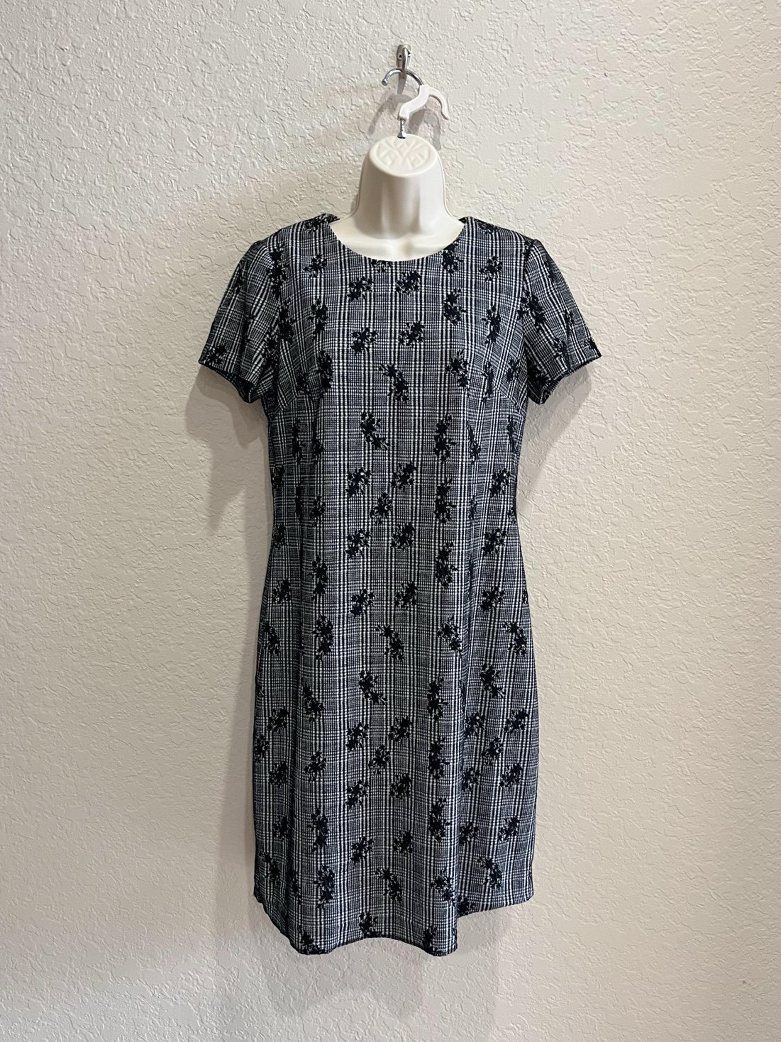 CALVIN KLEIN Plaid Floral Black White Y2K 90s A Line Dress Women’s 6 *Flawed