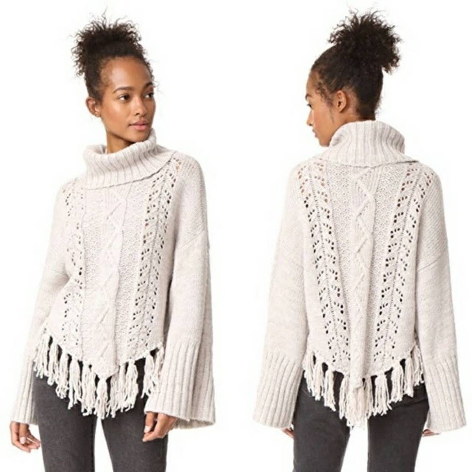 CUPCAKES & CASHMERE Prilla Fringe Turtleneck Sweater Latte Ivory Oversized Small