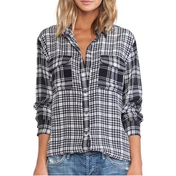 Equipment Femme 100% Silk Signature Tartan Plaid Button Down Blouse Black Small