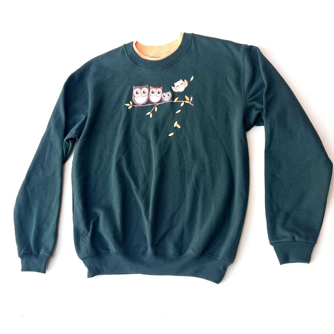 Owl birdie sweater cozy collared sweatshirt comfy green yellow size L