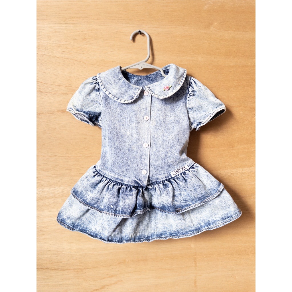 VTG Cherokee Denim Dress Ruffle Tiered Peter Pan Collar Short Sleeve Girls